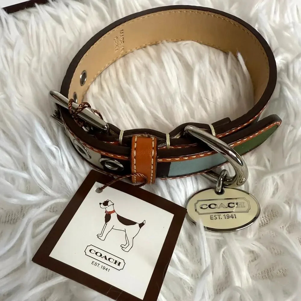 NWB COACH Legacy Stripe Leather Dog Collar XS w COACH Charm Limited Ed Rare